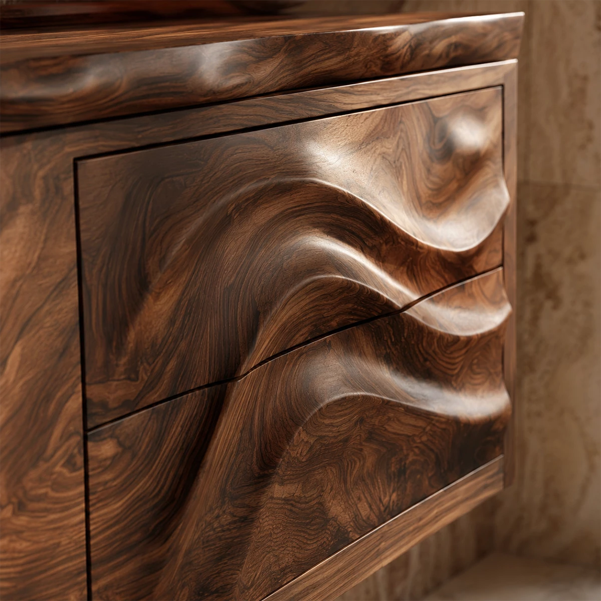 Natural Solid Wood Floating Bathroom Vanity with Wave Carved Drawers - Livewoodcraft - 5