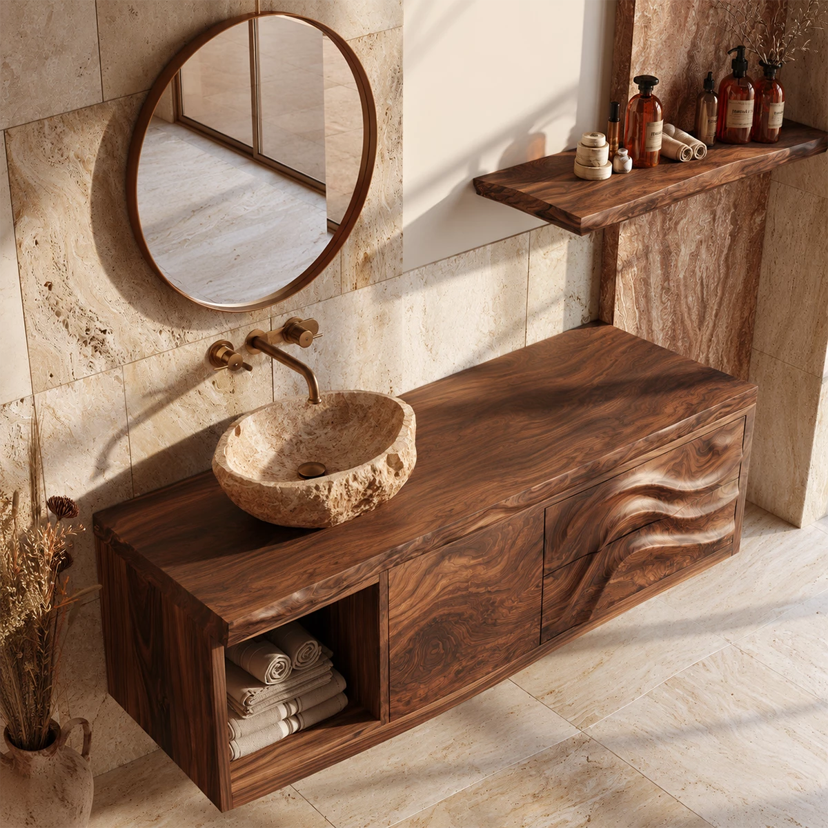 Natural Solid Wood Floating Bathroom Vanity with Wave Carved Drawers - Livewoodcraft - 6