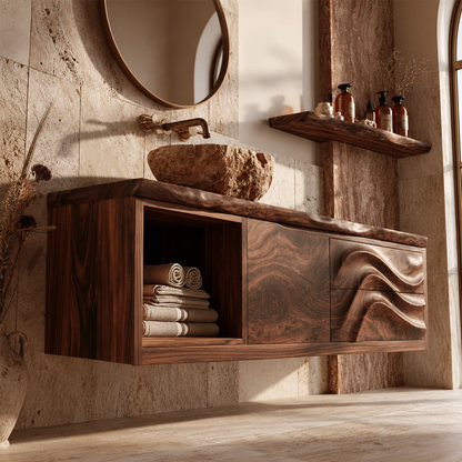 Natural Solid Wood Floating Bathroom Vanity with Wave Carved Drawers - Livewoodcraft - 7