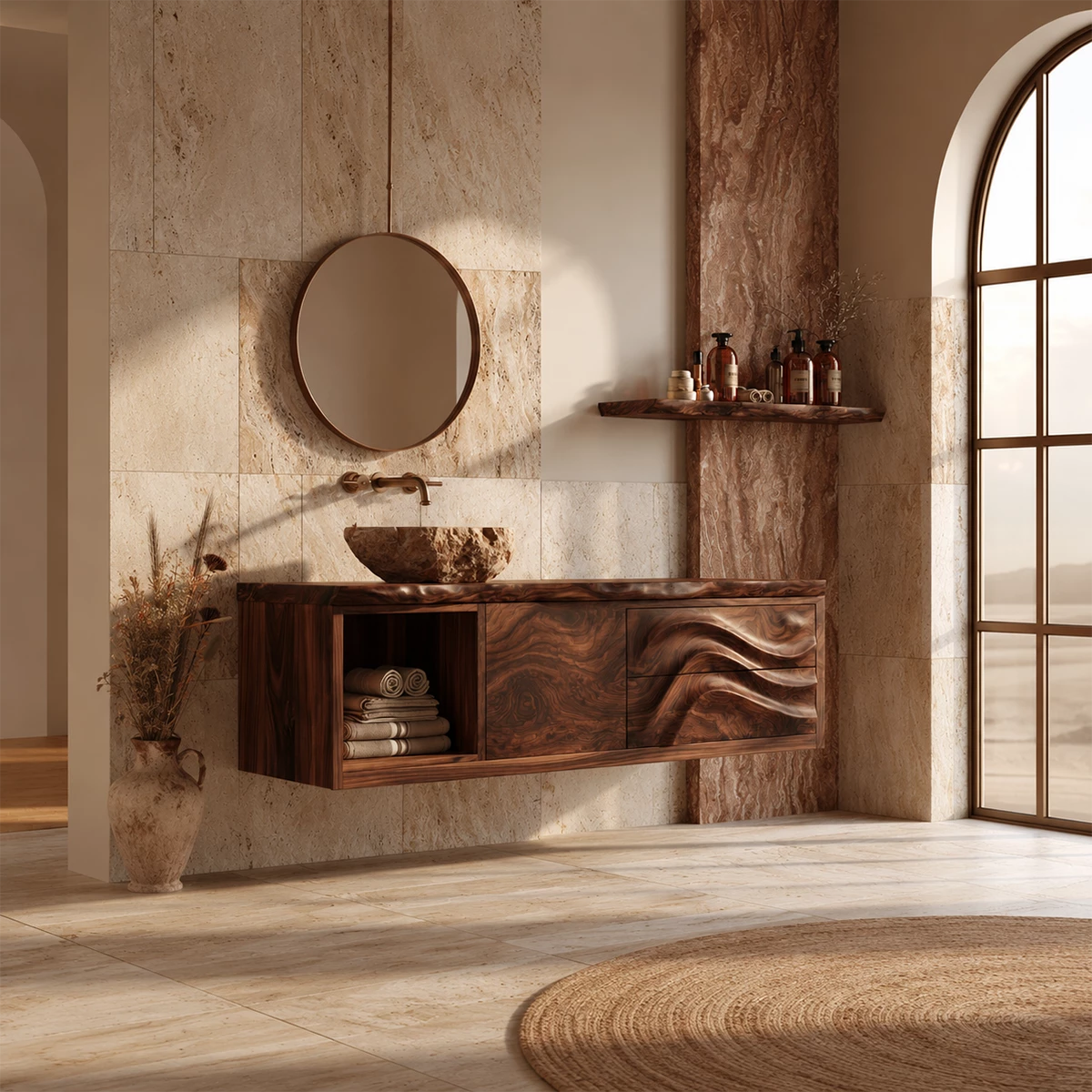 Natural Solid Wood Floating Bathroom Vanity with Wave Carved Drawers - Livewoodcraft - 8