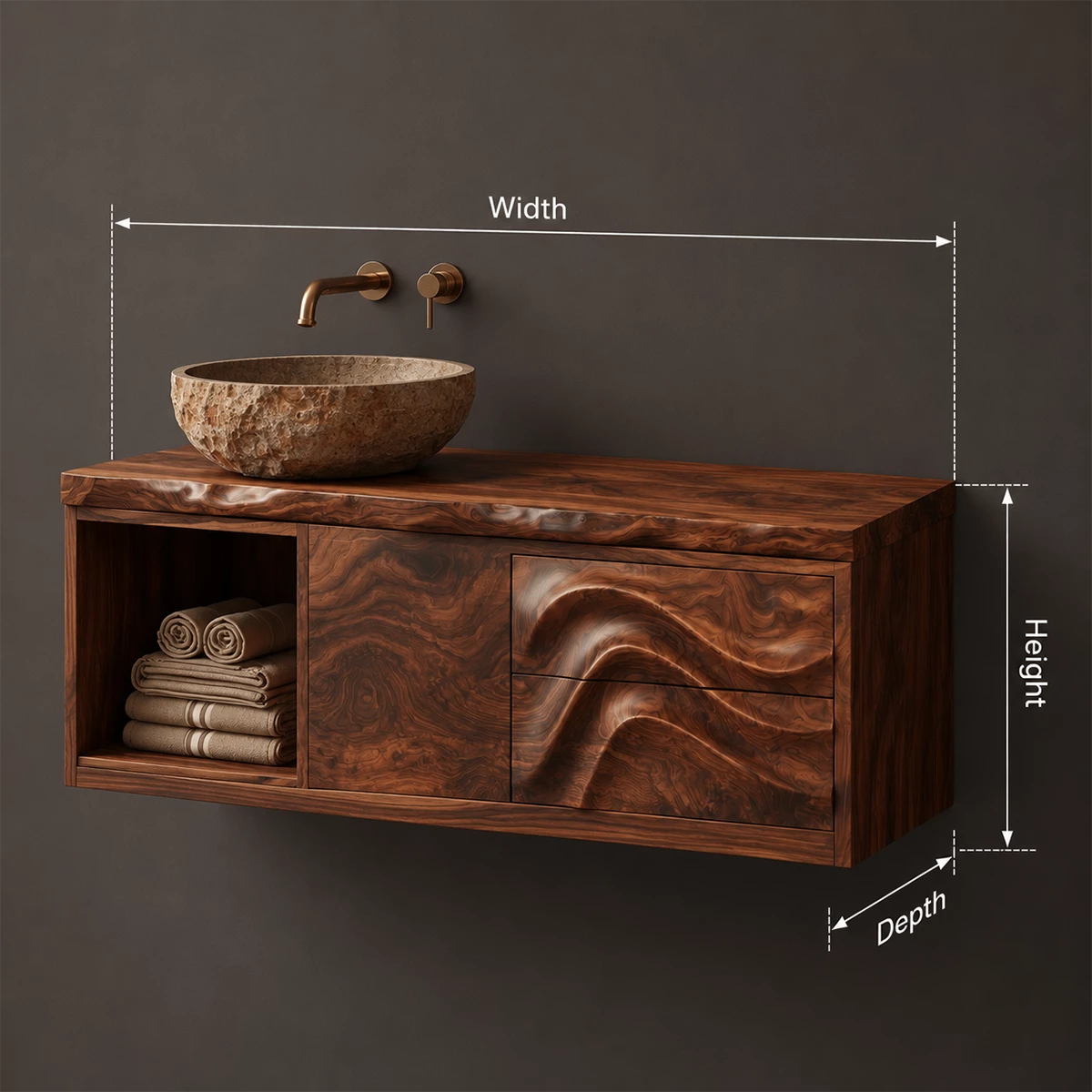 Natural Solid Wood Floating Bathroom Vanity with Wave Carved Drawers - Livewoodcraft - 9