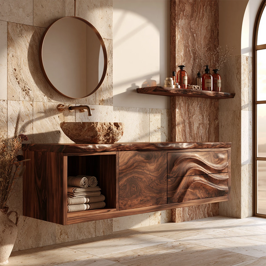 Natural Solid Wood Floating Bathroom Vanity with Wave Carved Drawers - Livewoodcraft