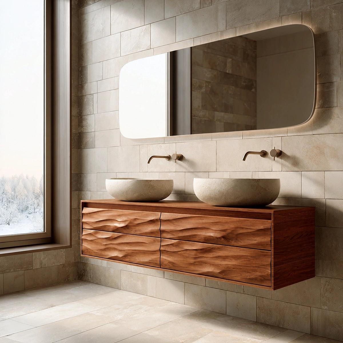 Natural Solid Wood Floating Double Bathroom Vanity with 4 Sculpted Drawers - Livewoodcraft - 2