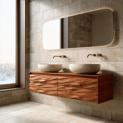 Natural Solid Wood Floating Double Bathroom Vanity with 4 Sculpted Drawers - Livewoodcraft - 2
