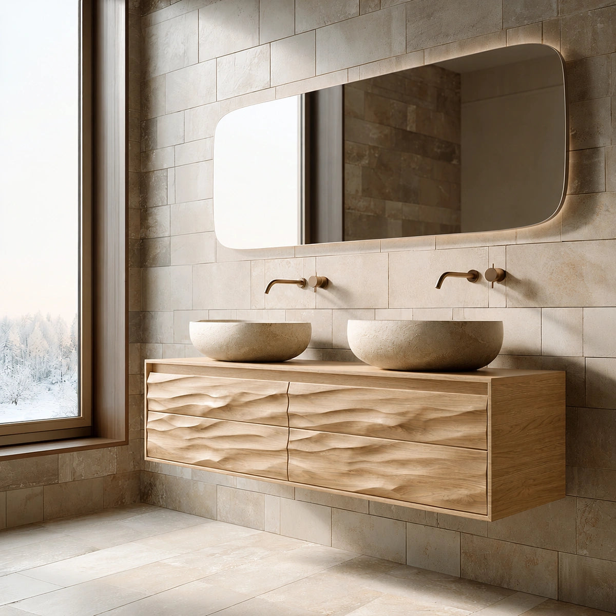 Natural Solid Wood Floating Double Bathroom Vanity with 4 Sculpted Drawers - Livewoodcraft - 3
