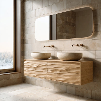 Natural Solid Wood Floating Double Bathroom Vanity with 4 Sculpted Drawers - Livewoodcraft - 3