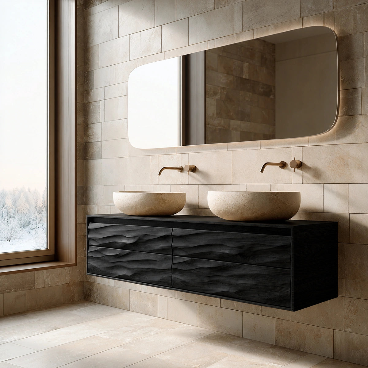 Natural Solid Wood Floating Double Bathroom Vanity with 4 Sculpted Drawers - Livewoodcraft - 4