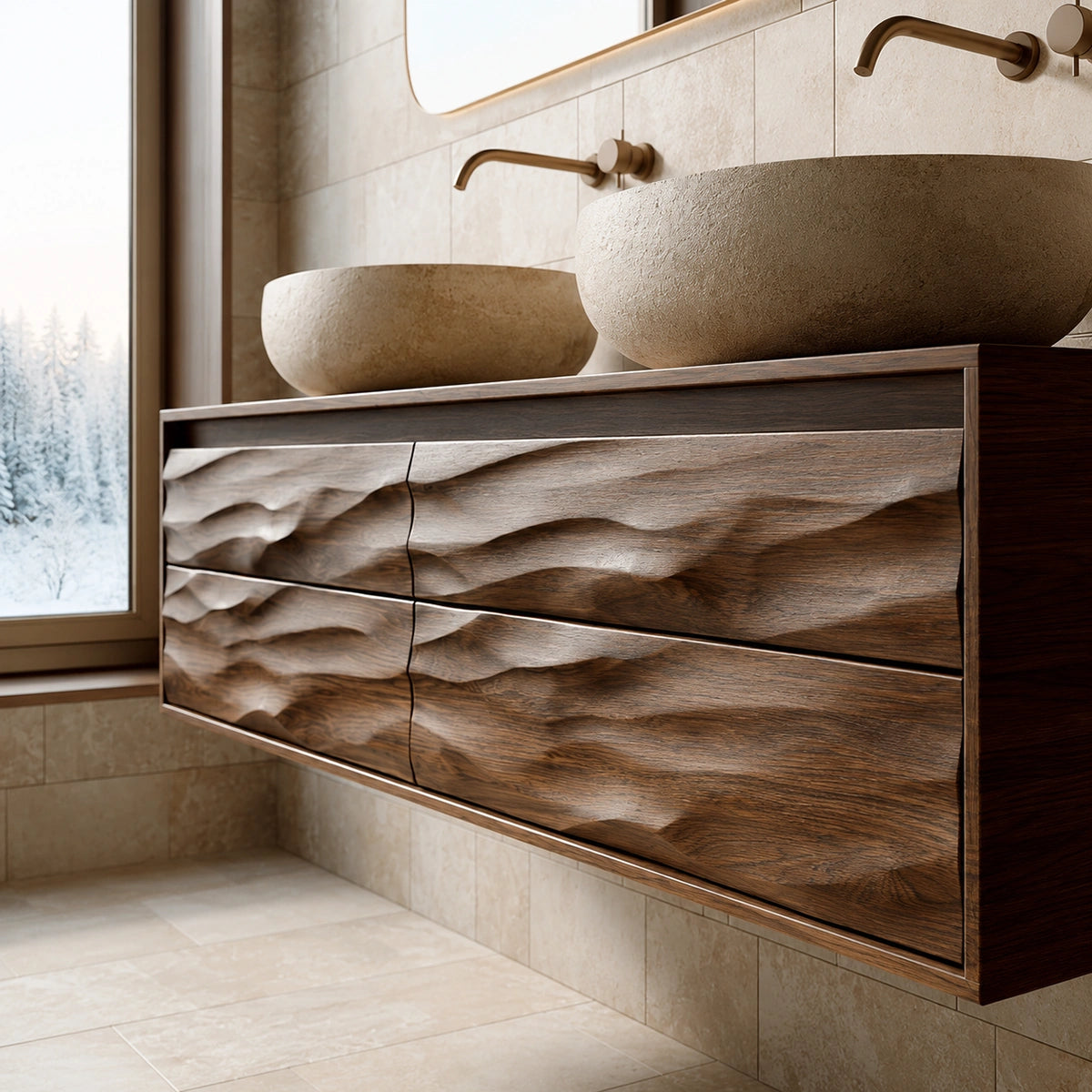 Natural Solid Wood Floating Double Bathroom Vanity with 4 Sculpted Drawers - Livewoodcraft - 5