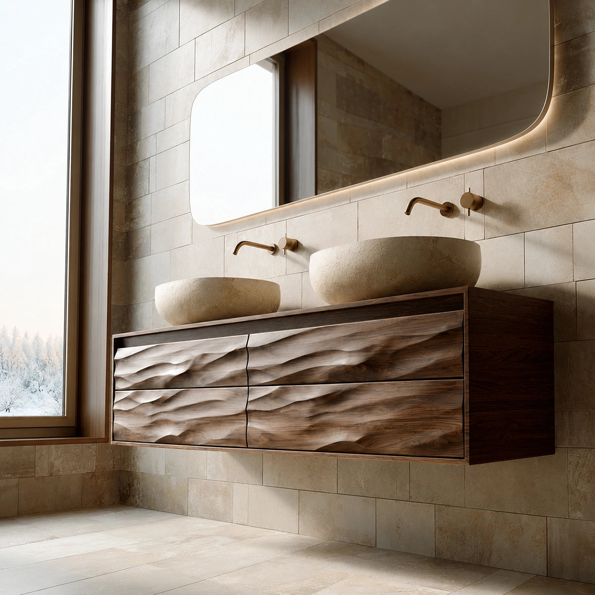 Natural Solid Wood Floating Double Bathroom Vanity with 4 Sculpted Drawers - Livewoodcraft - 6