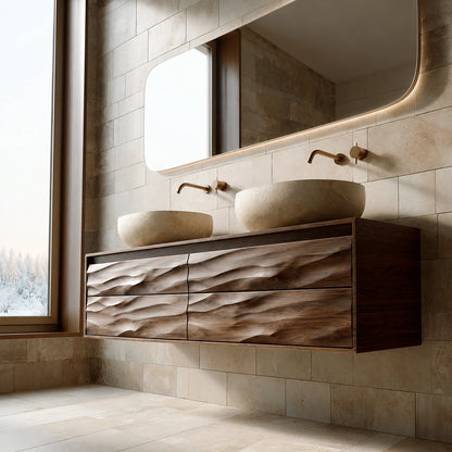 Natural Solid Wood Floating Double Bathroom Vanity with 4 Sculpted Drawers - Livewoodcraft - 6