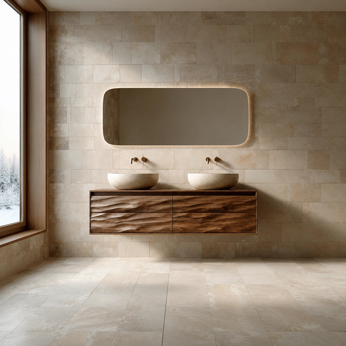 Natural Solid Wood Floating Double Bathroom Vanity with 4 Sculpted Drawers - Livewoodcraft - 7
