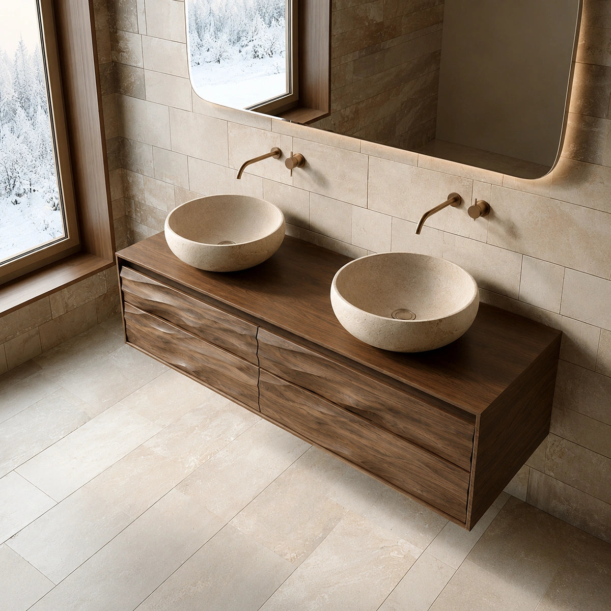 Natural Solid Wood Floating Double Bathroom Vanity with 4 Sculpted Drawers - Livewoodcraft - 8