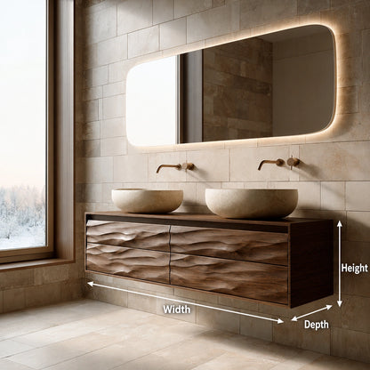 Natural Solid Wood Floating Double Bathroom Vanity with 4 Sculpted Drawers - Livewoodcraft - 9