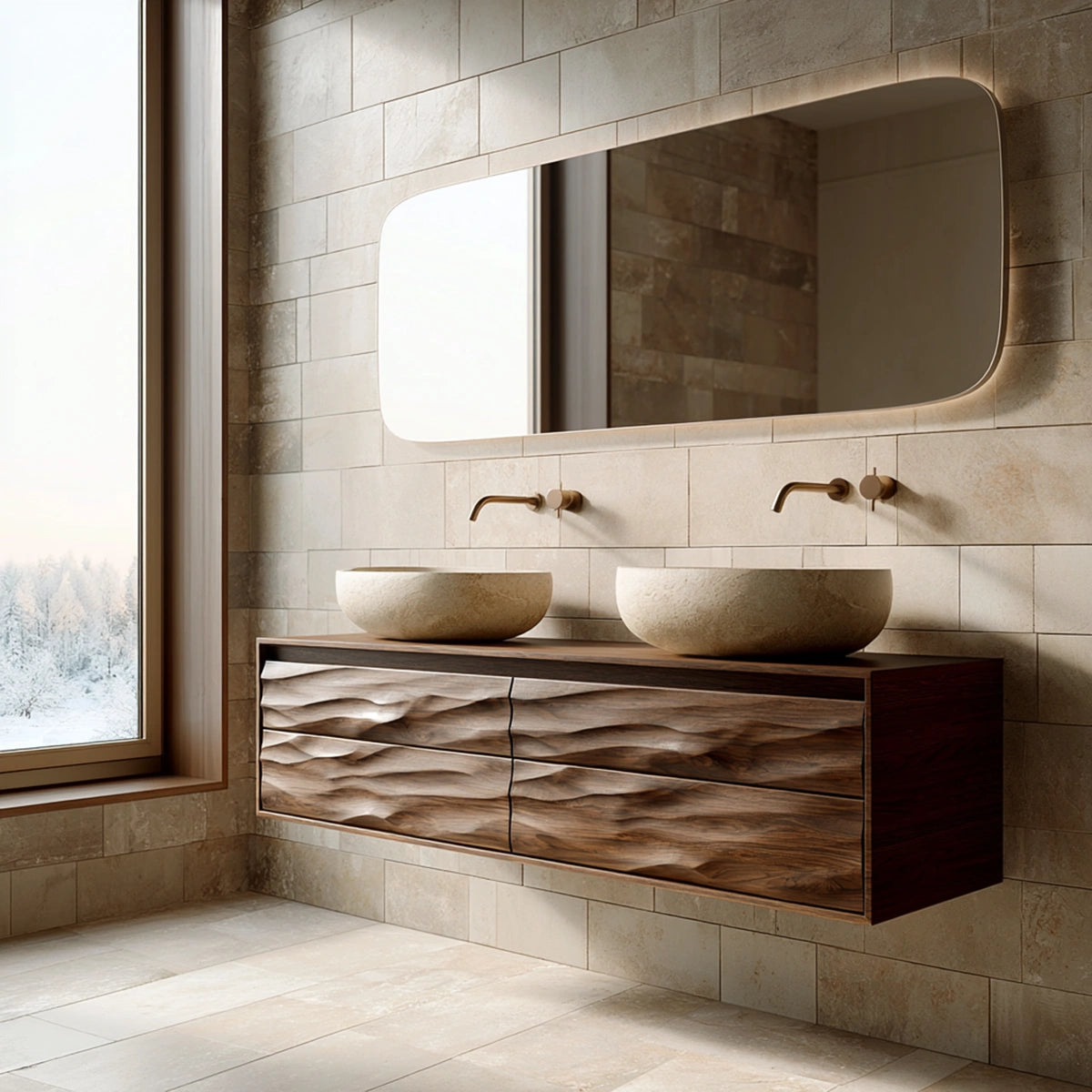 Natural Solid Wood Floating Double Bathroom Vanity with 4 Sculpted Drawers - Livewoodcraft