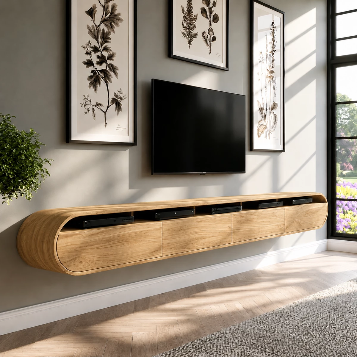 Natural Solid Wood Floating TV Stand Rounded Contemporary Style - Livewoodcraft - 2