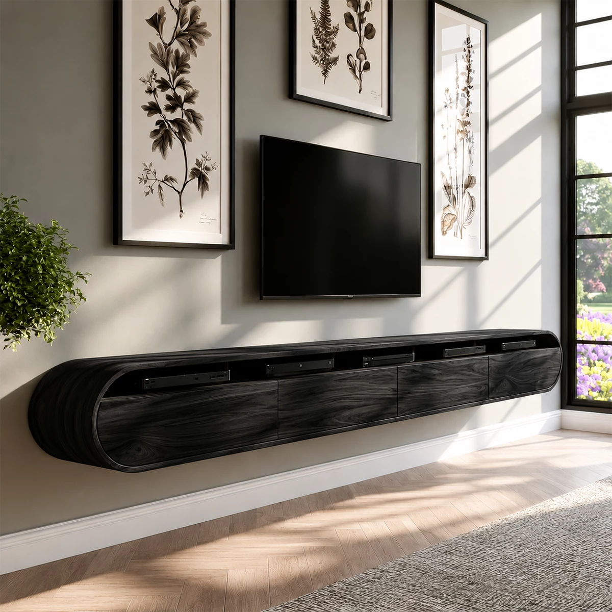 Natural Solid Wood Floating TV Stand Rounded Contemporary Style - Livewoodcraft - 3