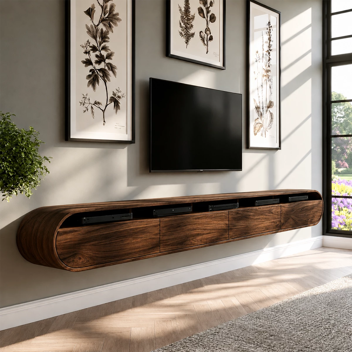 Natural Solid Wood Floating TV Stand Rounded Contemporary Style - Livewoodcraft - 4