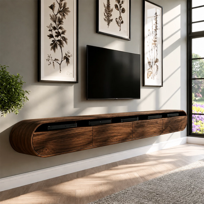 Natural Solid Wood Floating TV Stand Rounded Contemporary Style - Livewoodcraft - 4