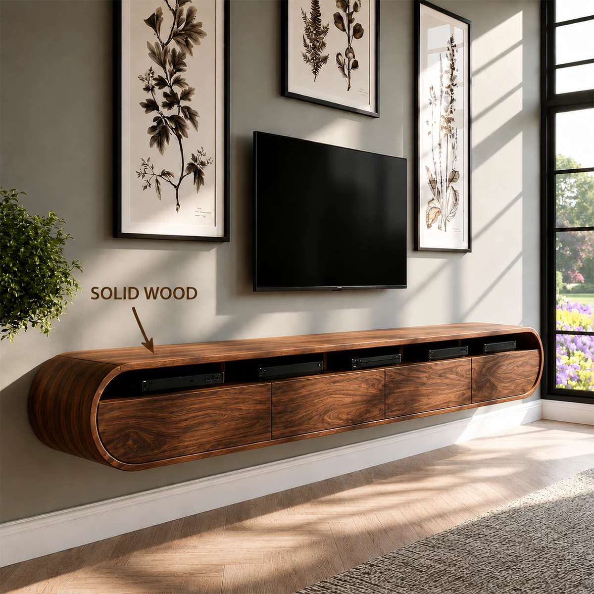 Natural Solid Wood Floating TV Stand Rounded Contemporary Style - Livewoodcraft - 5