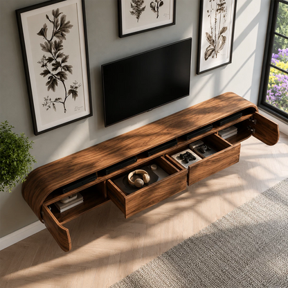 Natural Solid Wood Floating TV Stand Rounded Contemporary Style - Livewoodcraft - 6