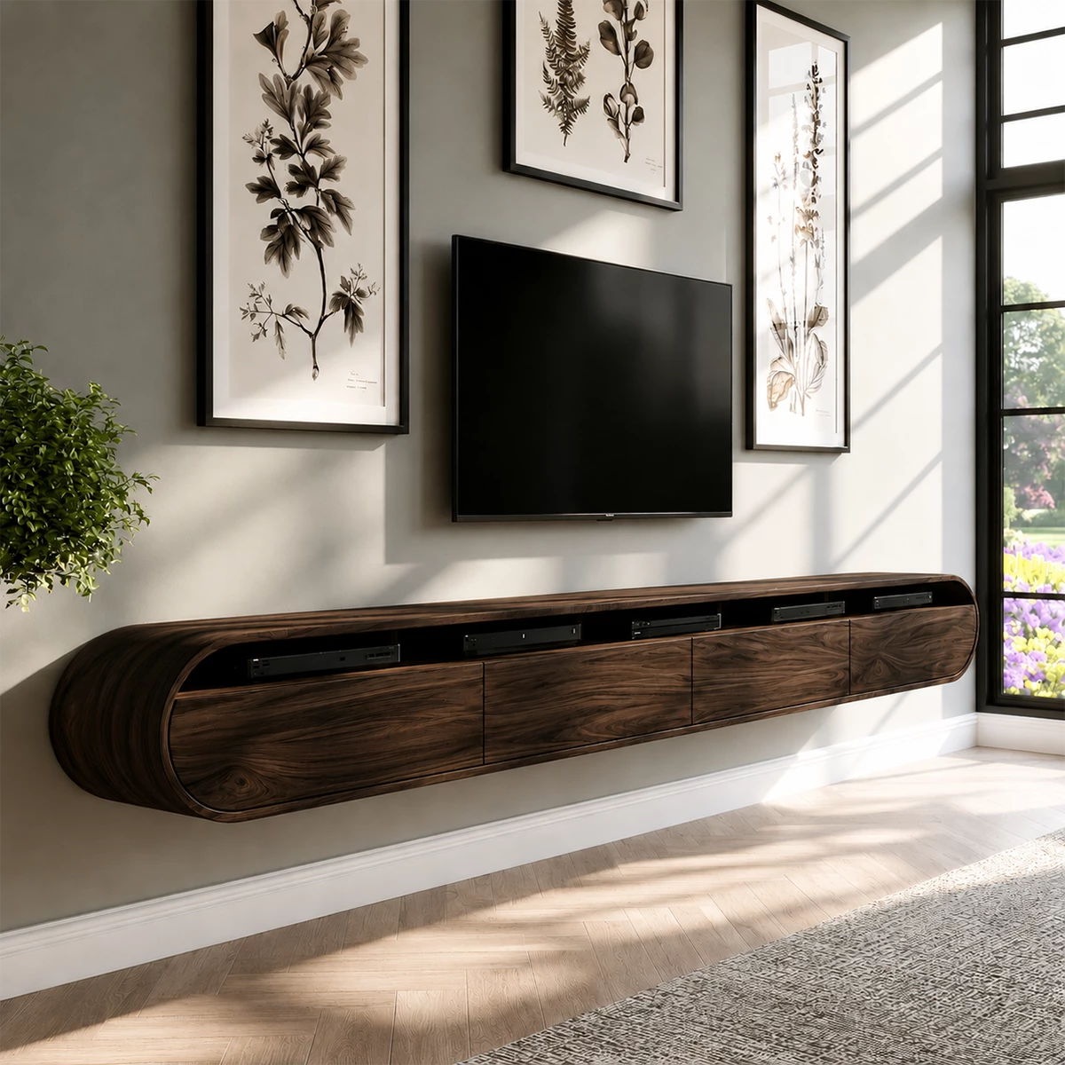 Natural Solid Wood Floating TV Stand Rounded Contemporary Style - Livewoodcraft - 7
