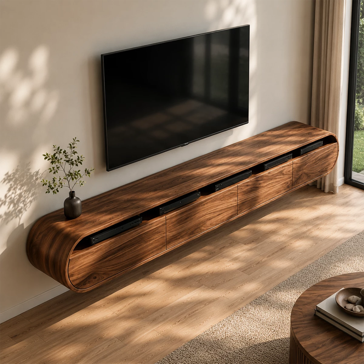 Natural Solid Wood Floating TV Stand Rounded Contemporary Style - Livewoodcraft - 9