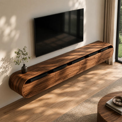 Natural Solid Wood Floating TV Stand Rounded Contemporary Style - Livewoodcraft - 9