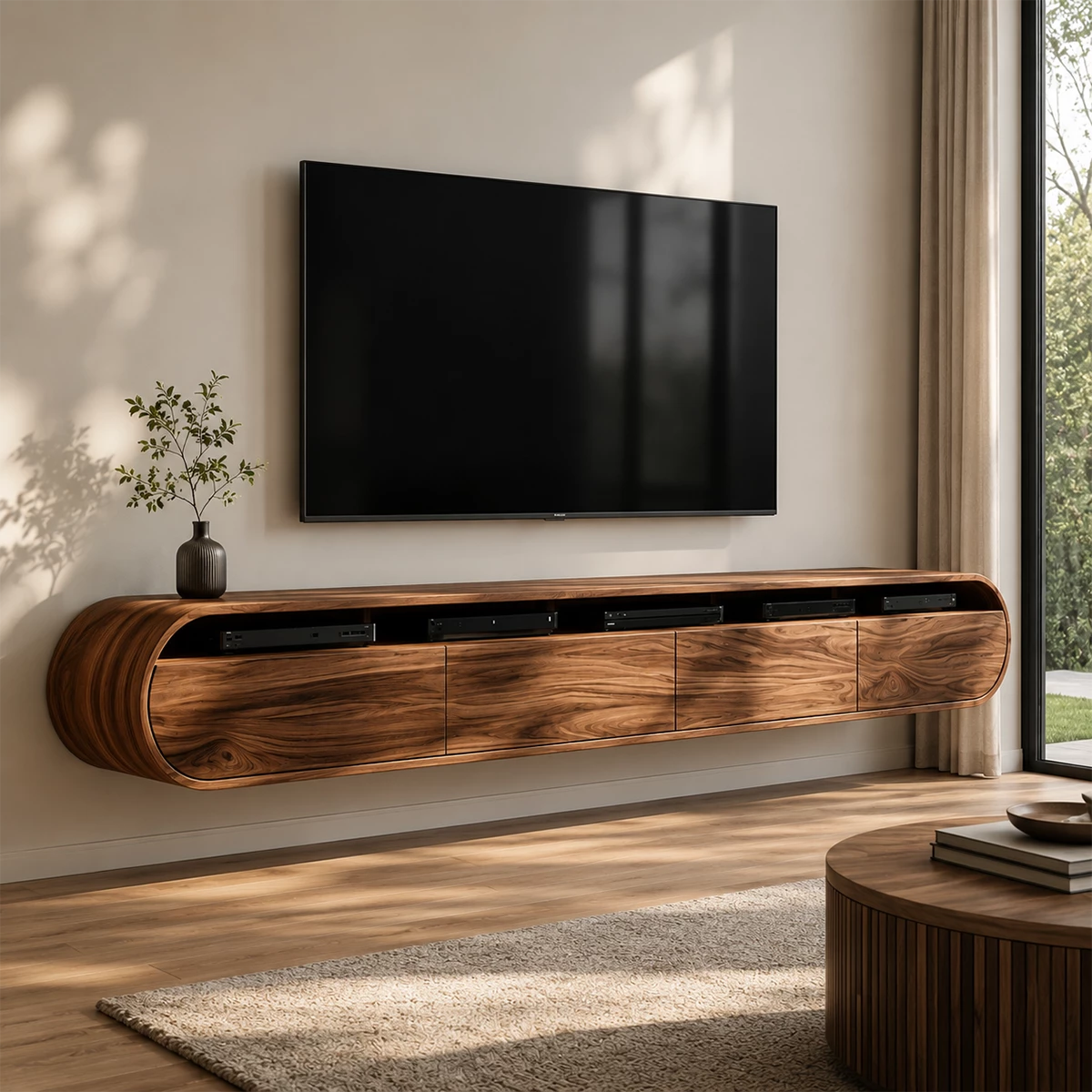 Natural Solid Wood Floating TV Stand Rounded Contemporary Style - Livewoodcraft