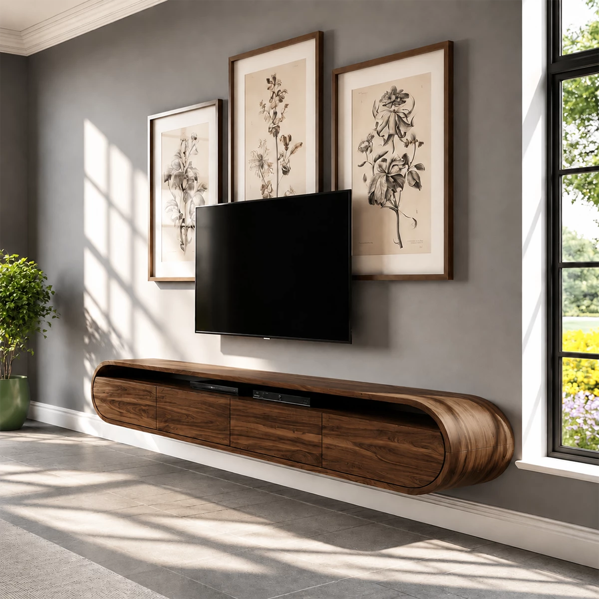 Natural Solid Wood Floating TV Stand Rounded Modern Style - Livewoodcraft - 10