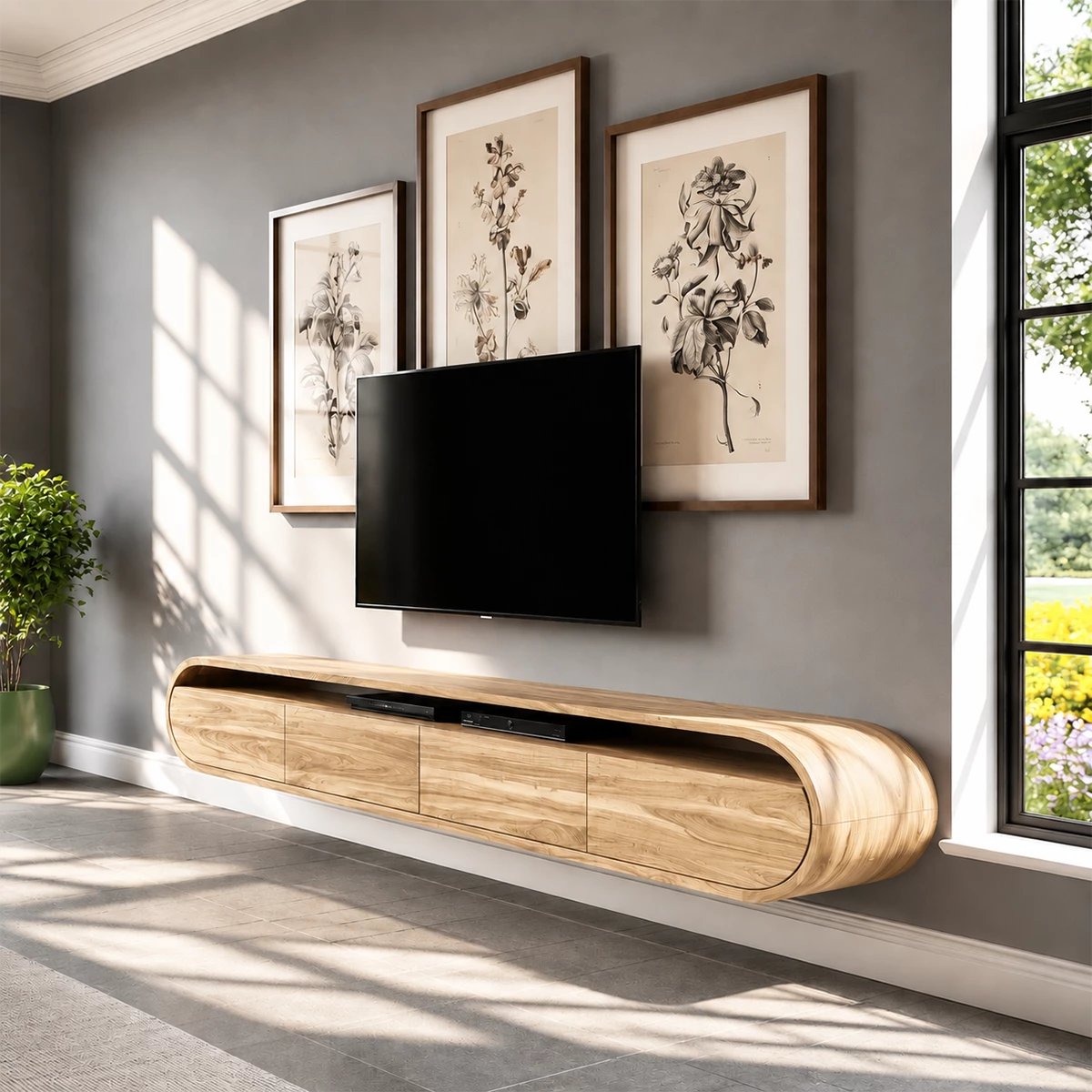 Natural Solid Wood Floating TV Stand Rounded Modern Style - Livewoodcraft - 2
