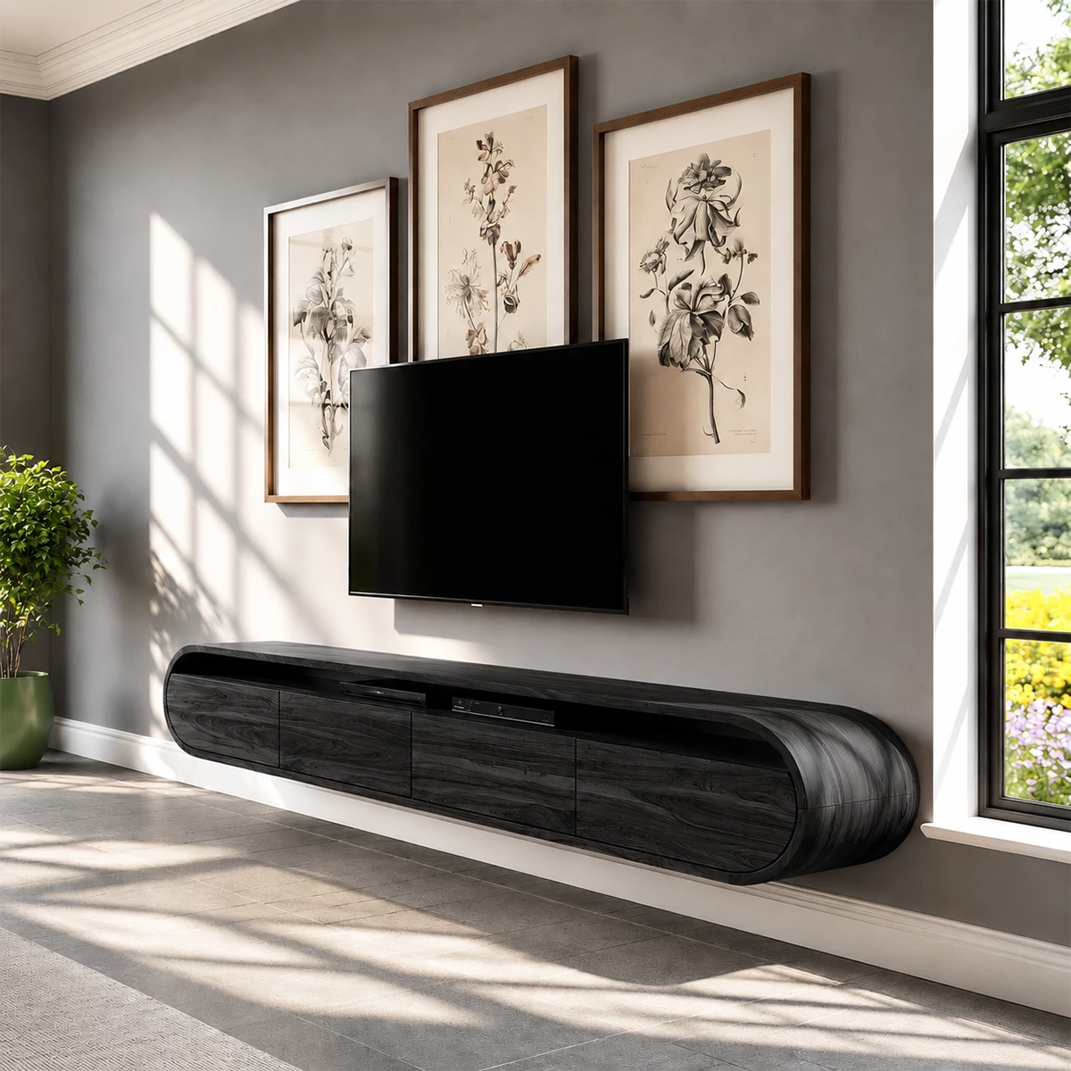 Natural Solid Wood Floating TV Stand Rounded Modern Style - Livewoodcraft - 3