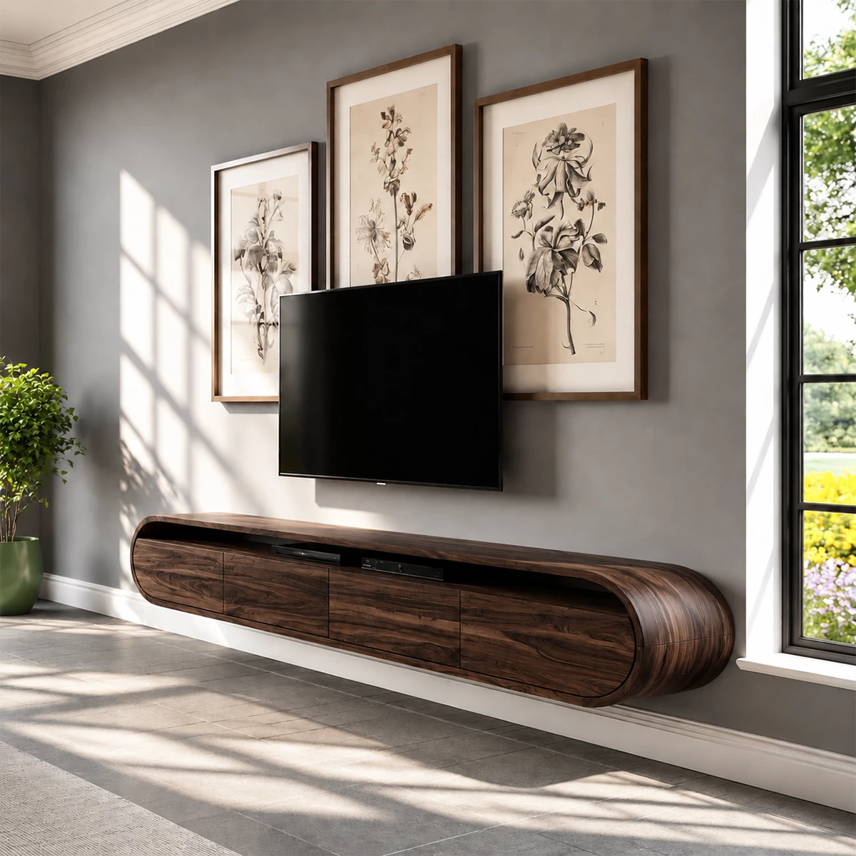 Natural Solid Wood Floating TV Stand Rounded Modern Style - Livewoodcraft - 4