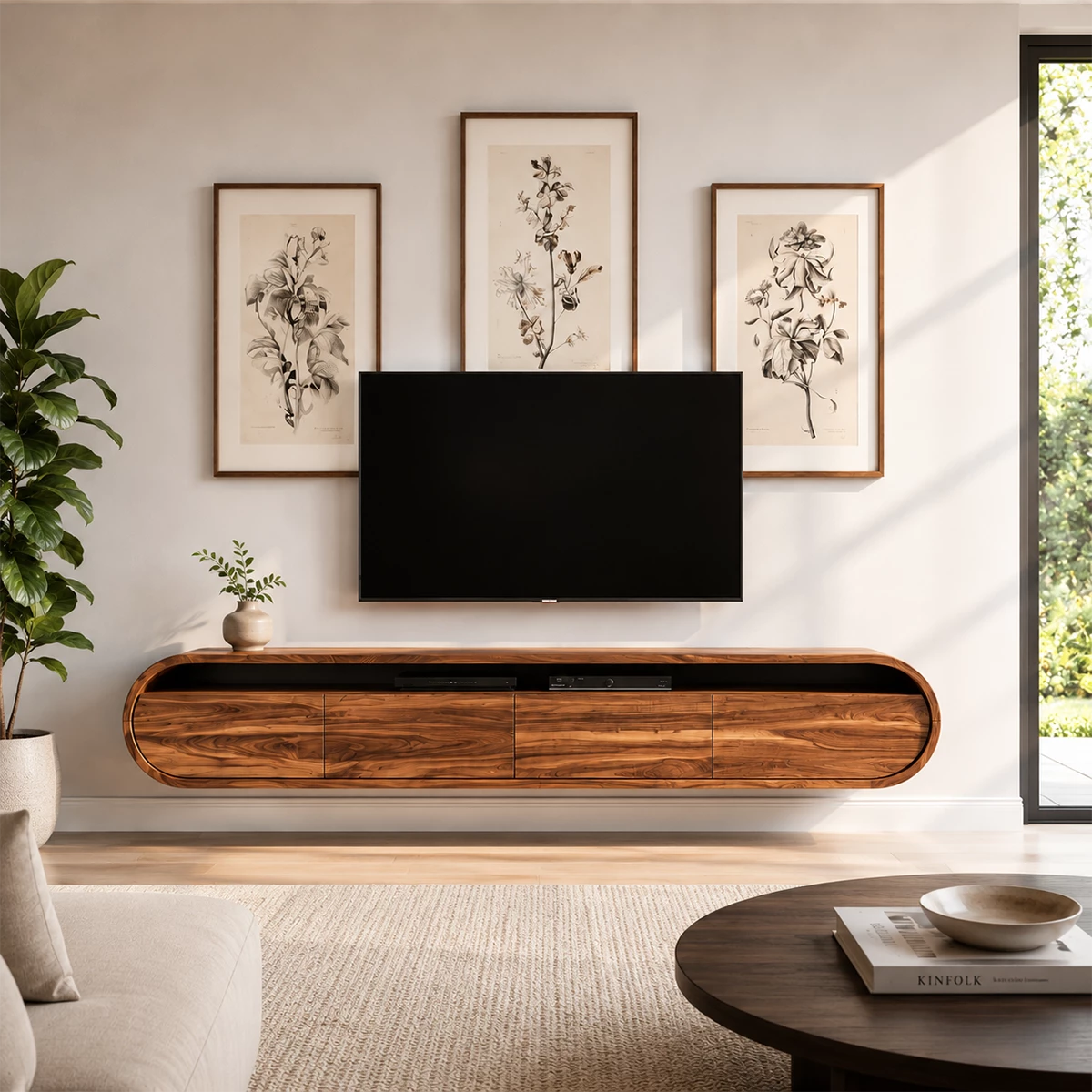 Natural Solid Wood Floating TV Stand Rounded Modern Style - Livewoodcraft - 5