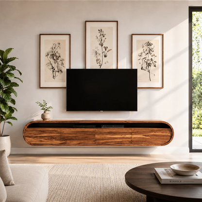 Natural Solid Wood Floating TV Stand Rounded Modern Style - Livewoodcraft - 5