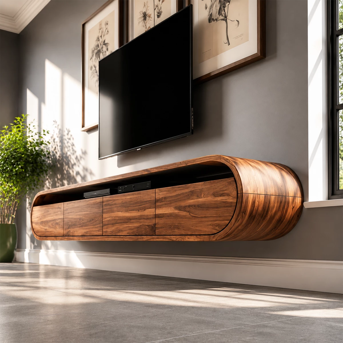 Natural Solid Wood Floating TV Stand Rounded Modern Style - Livewoodcraft - 7