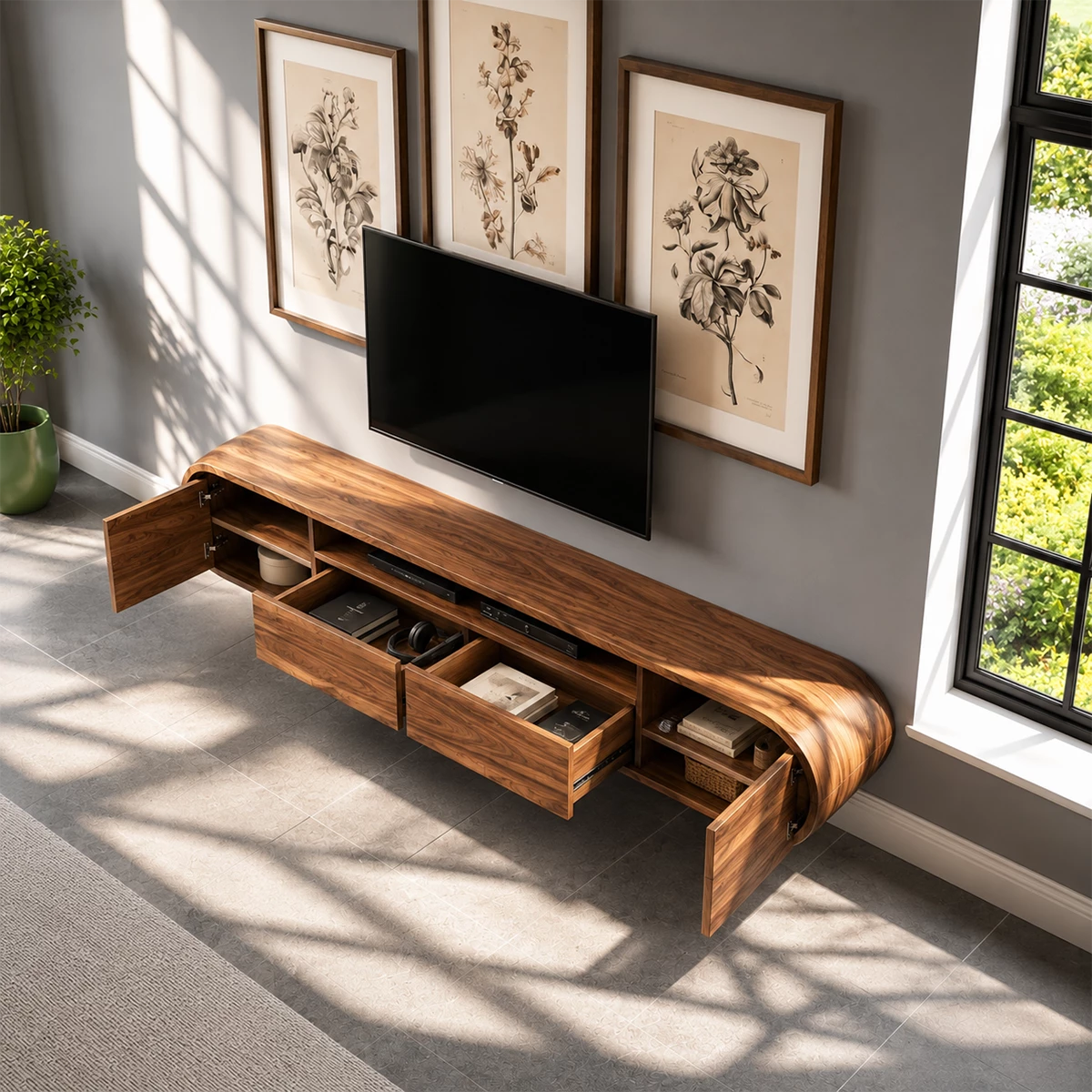 Natural Solid Wood Floating TV Stand Rounded Modern Style - Livewoodcraft - 8