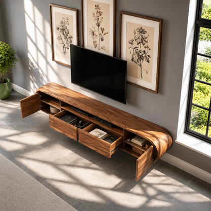 Natural Solid Wood Floating TV Stand Rounded Modern Style - Livewoodcraft - 8