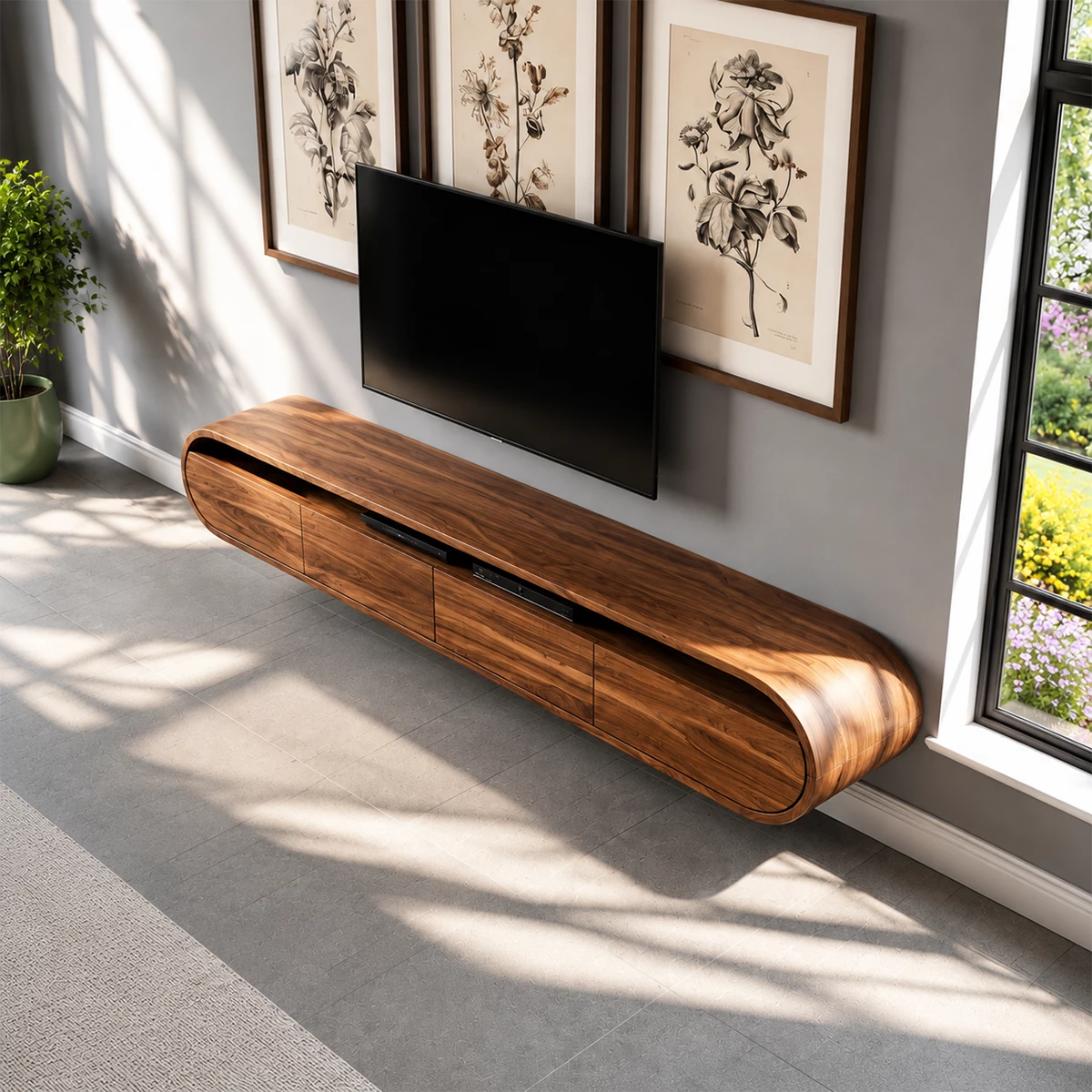 Natural Solid Wood Floating TV Stand Rounded Modern Style - Livewoodcraft - 9