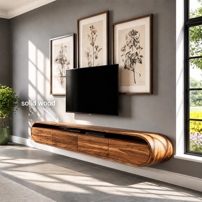 Natural Solid Wood Floating TV Stand Rounded Modern Style - Livewoodcraft