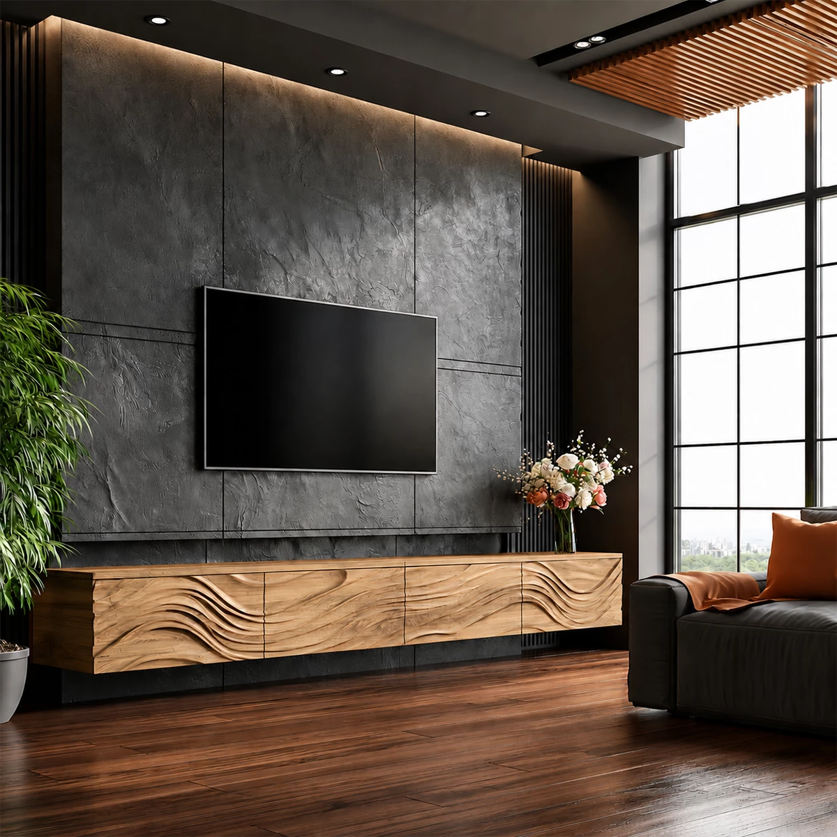 Natural Solid Wood Floating TV Stand Sculptural Modern Style - Livewoodcraft - 2