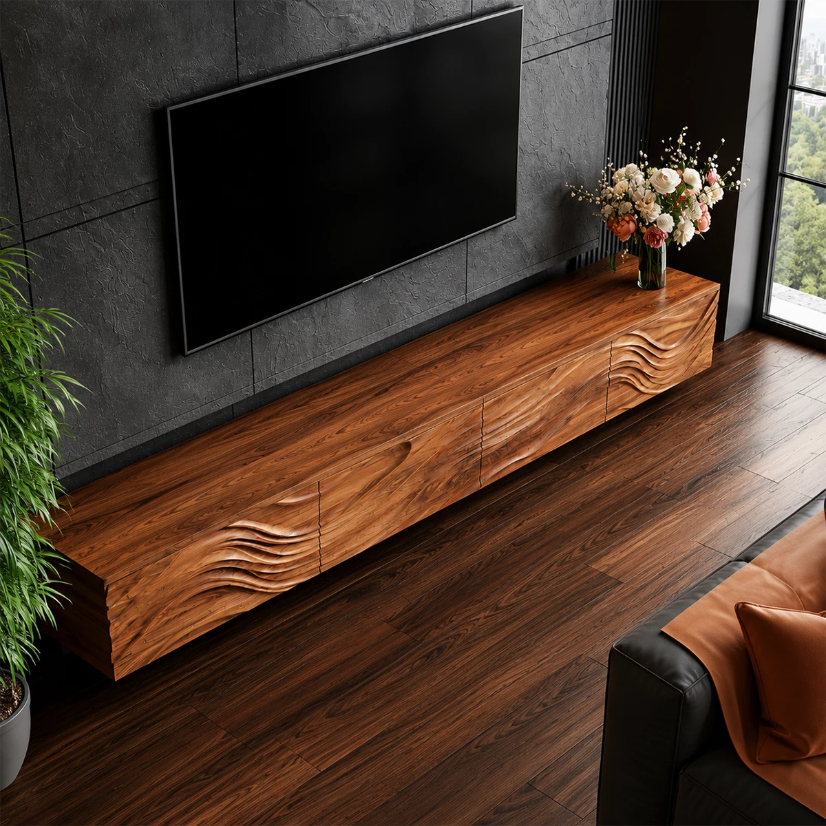 Natural Solid Wood Floating TV Stand Sculptural Modern Style - Livewoodcraft - 6