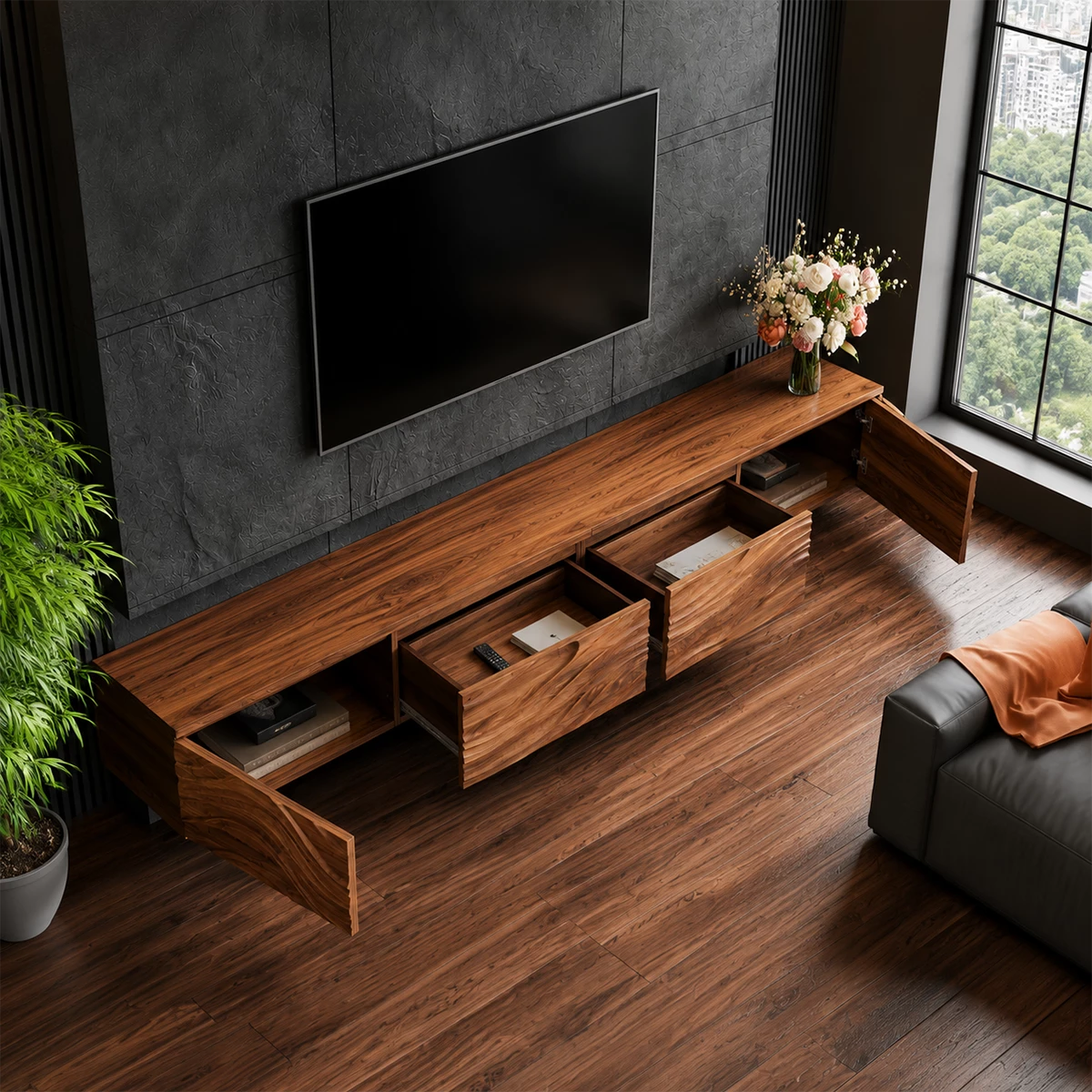 Natural Solid Wood Floating TV Stand Sculptural Modern Style - Livewoodcraft - 8