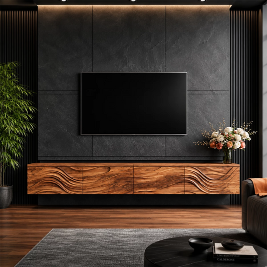 Natural Solid Wood Floating TV Stand Sculptural Modern Style - Livewoodcraft