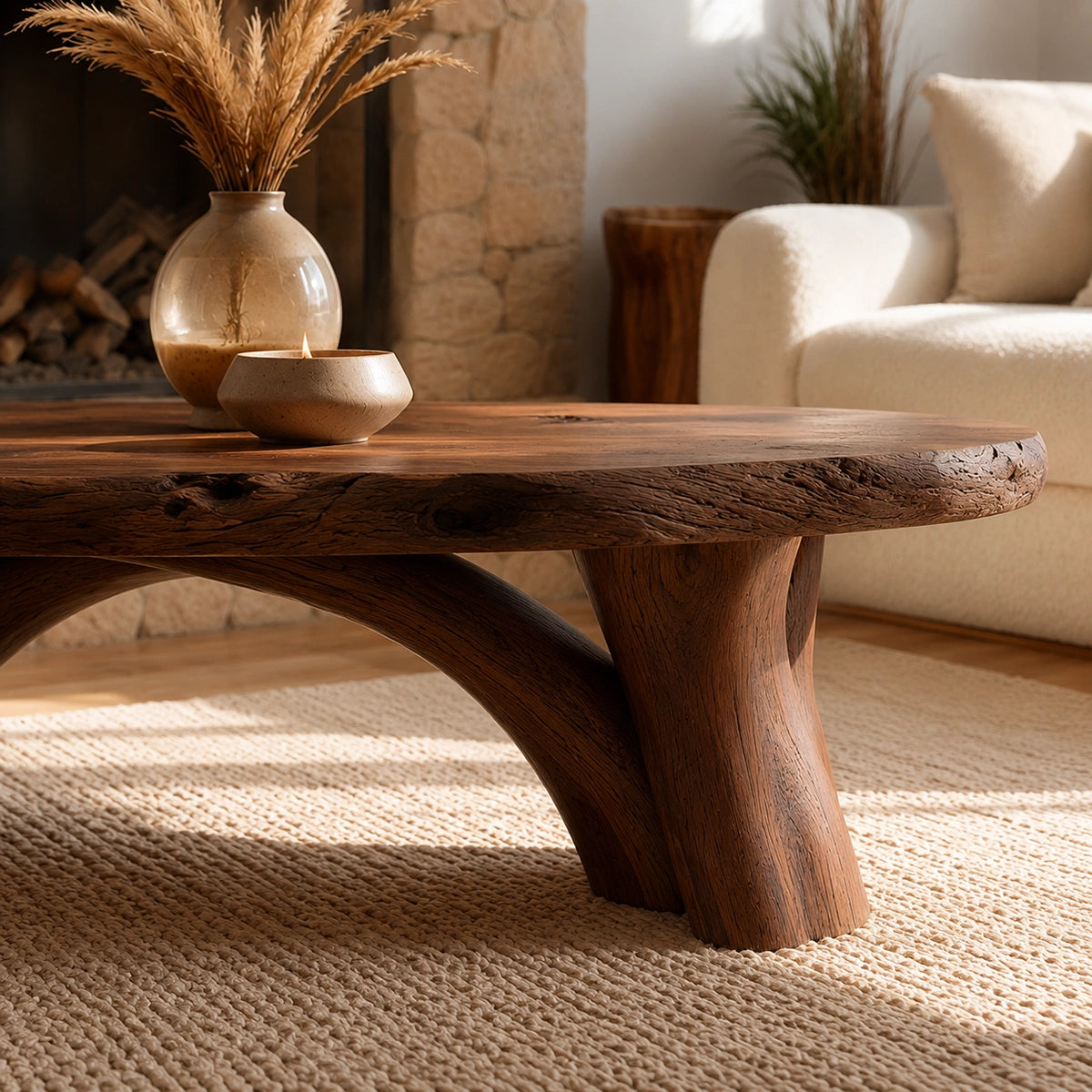 Natural Solid Wood Live Edge Coffee Table with Sculptural Branch Base - Livewoodcraft - 5