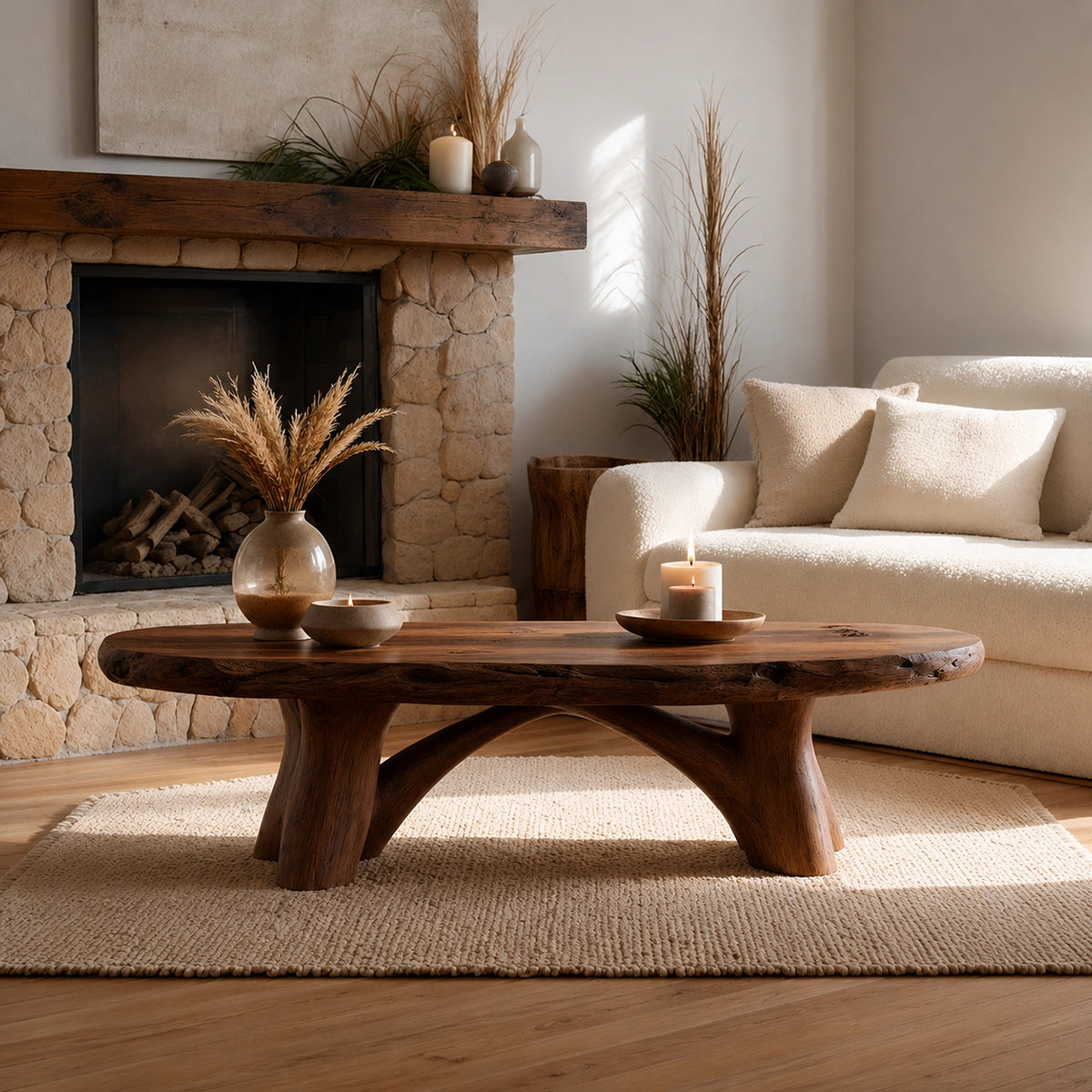 Natural Solid Wood Live Edge Coffee Table with Sculptural Branch Base - Livewoodcraft - 6