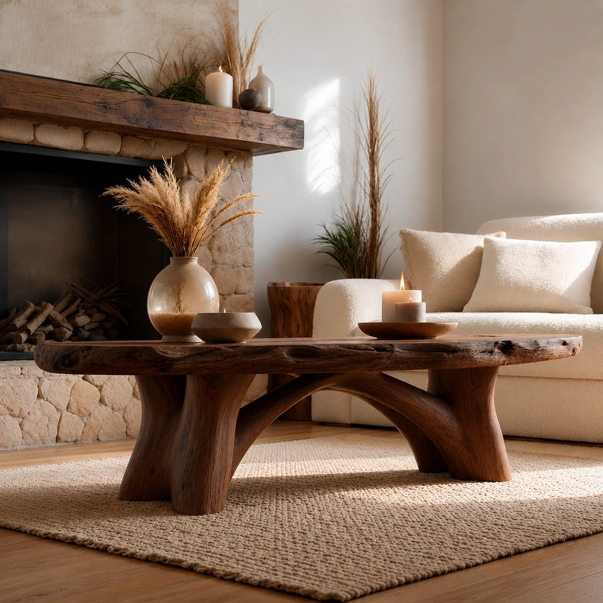 Natural Solid Wood Live Edge Coffee Table with Sculptural Branch Base - Livewoodcraft - 8