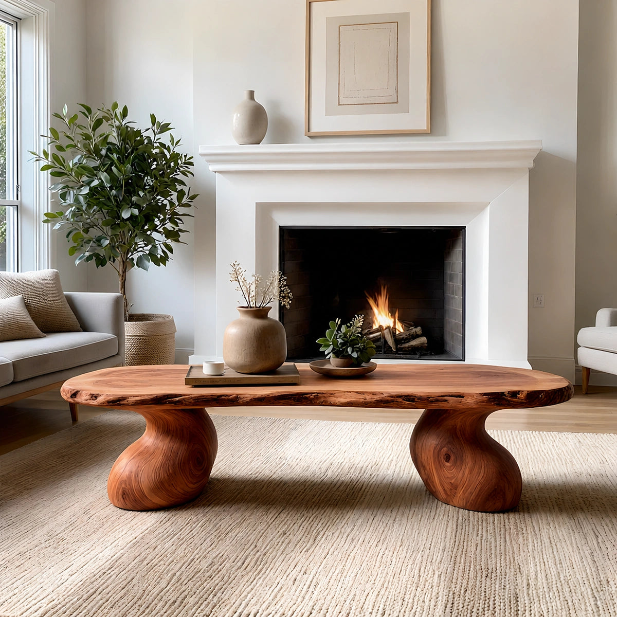 Natural Solid Wood Live Edge Coffee Table with Sculptural Curved Pedestal Legs - Livewoodcraft - 2