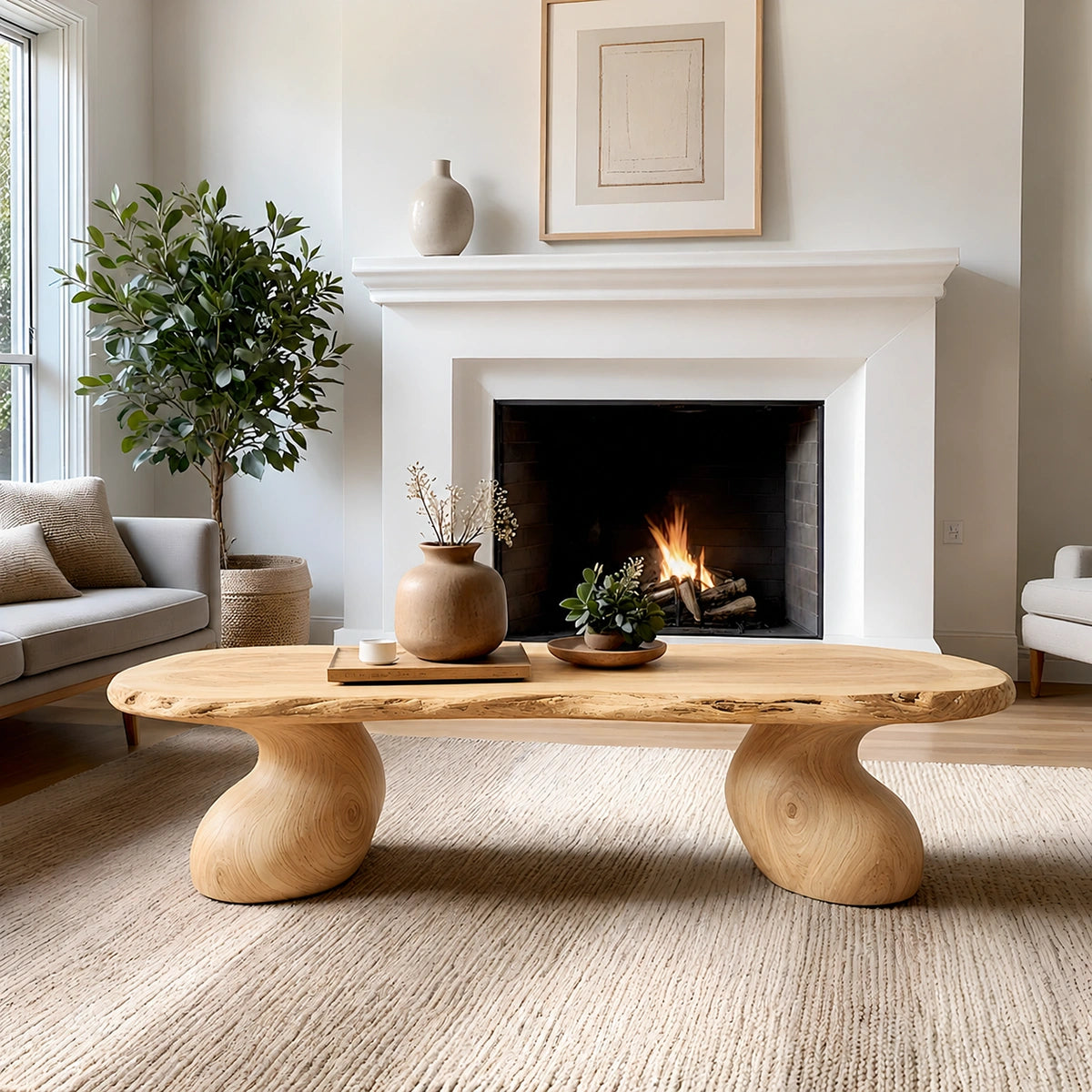 Natural Solid Wood Live Edge Coffee Table with Sculptural Curved Pedestal Legs - Livewoodcraft - 3