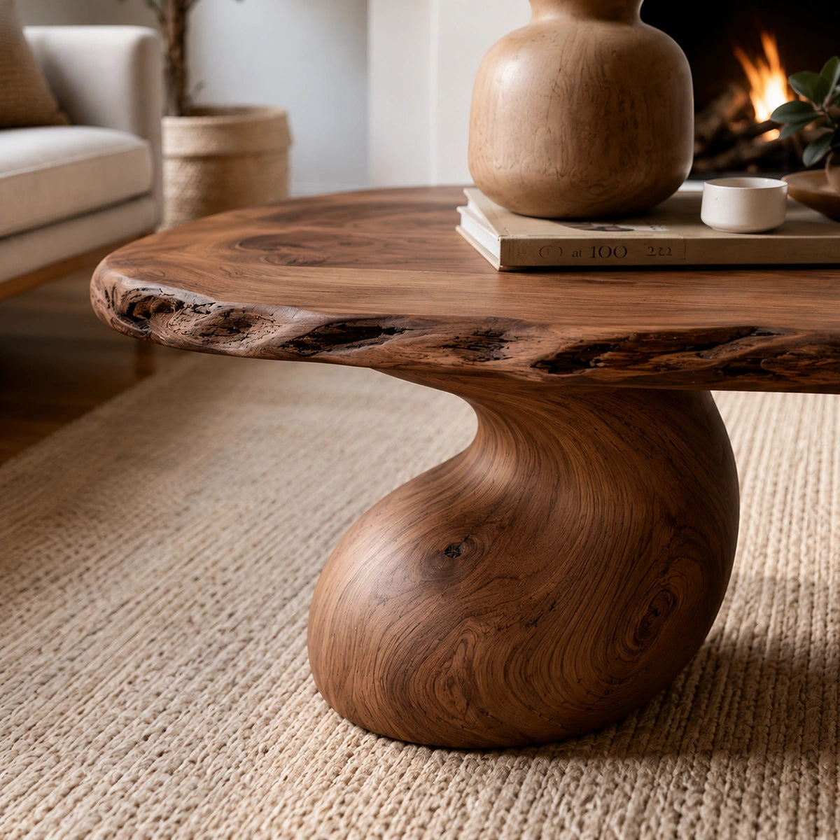Natural Solid Wood Live Edge Coffee Table with Sculptural Curved Pedestal Legs - Livewoodcraft - 5