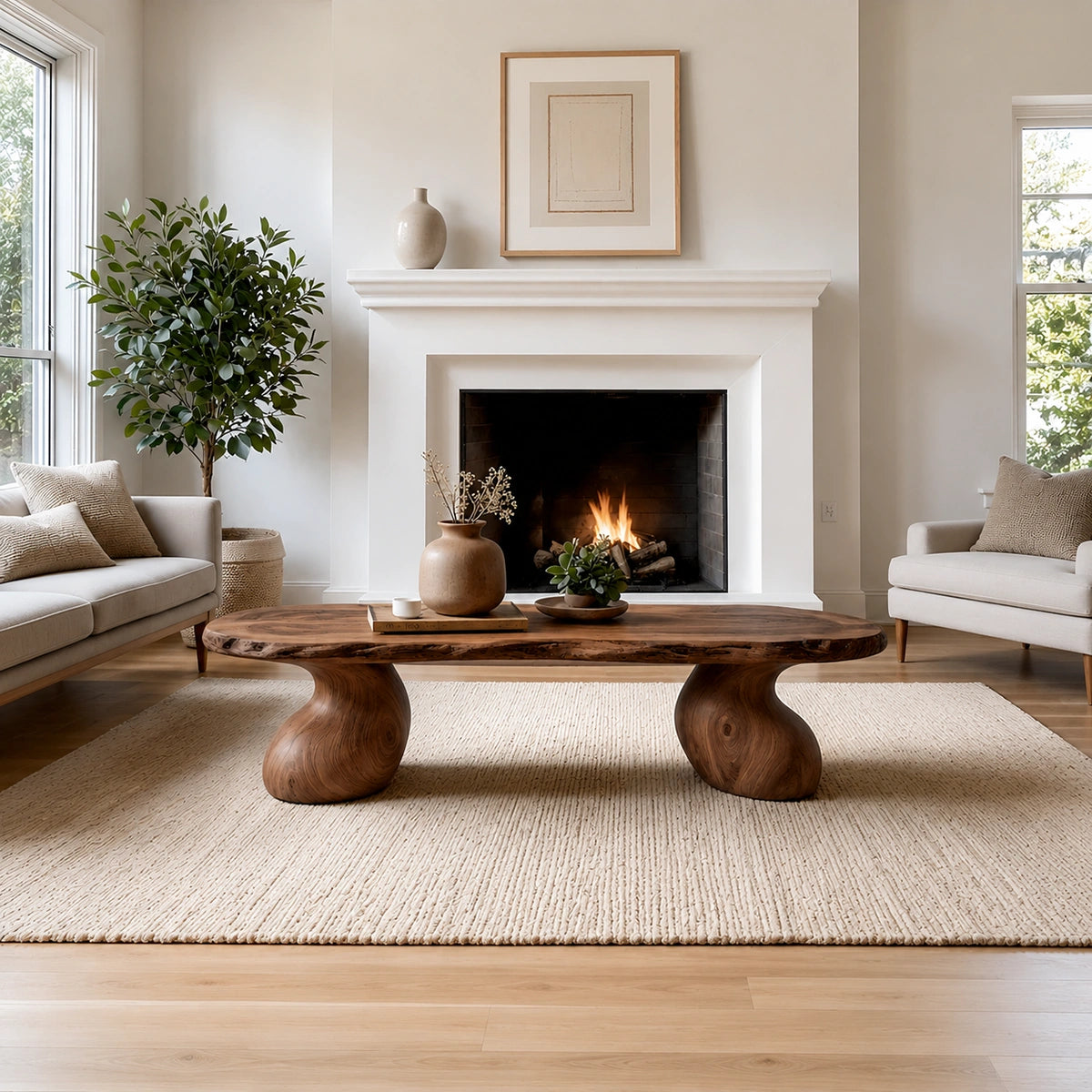 Natural Solid Wood Live Edge Coffee Table with Sculptural Curved Pedestal Legs - Livewoodcraft - 6